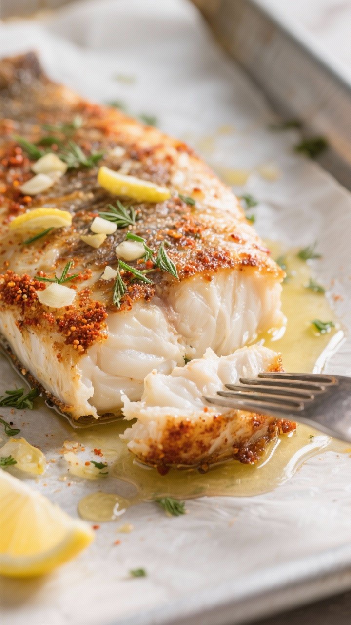 Close-up detail: Crispy-edged roasted tilapia fresh from the oven, flaky white flesh just separating