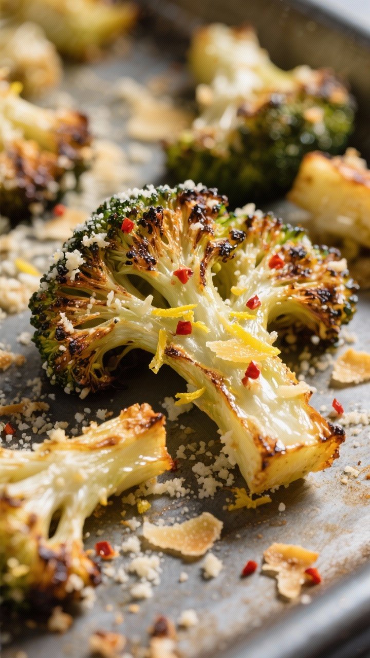 Close-up detail: Crispy garlic Parmesan roasted broccoli just out of the oven, tight macro on charre