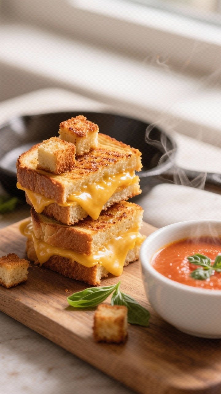 Close-up detail: Crispy grilled cheese croutons just cut from a golden, skillet-seared sandwich, sta