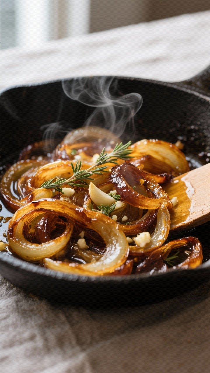 Close-up detail: Deep-golden, jammy caramelized onions deglazed with dry sherry in a wide skillet, s