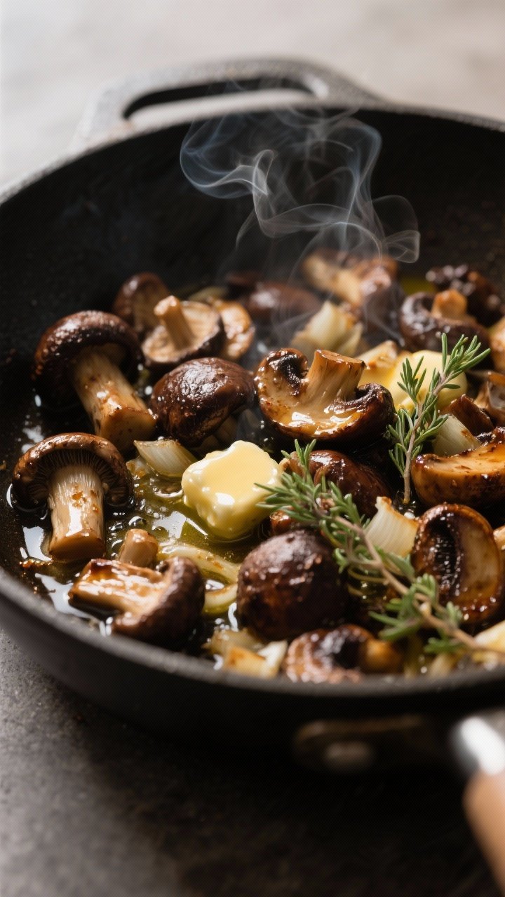 Close-up detail: Deeply browned mixed mushrooms (cremini, shiitake, oyster) sizzling in a wide pot a
