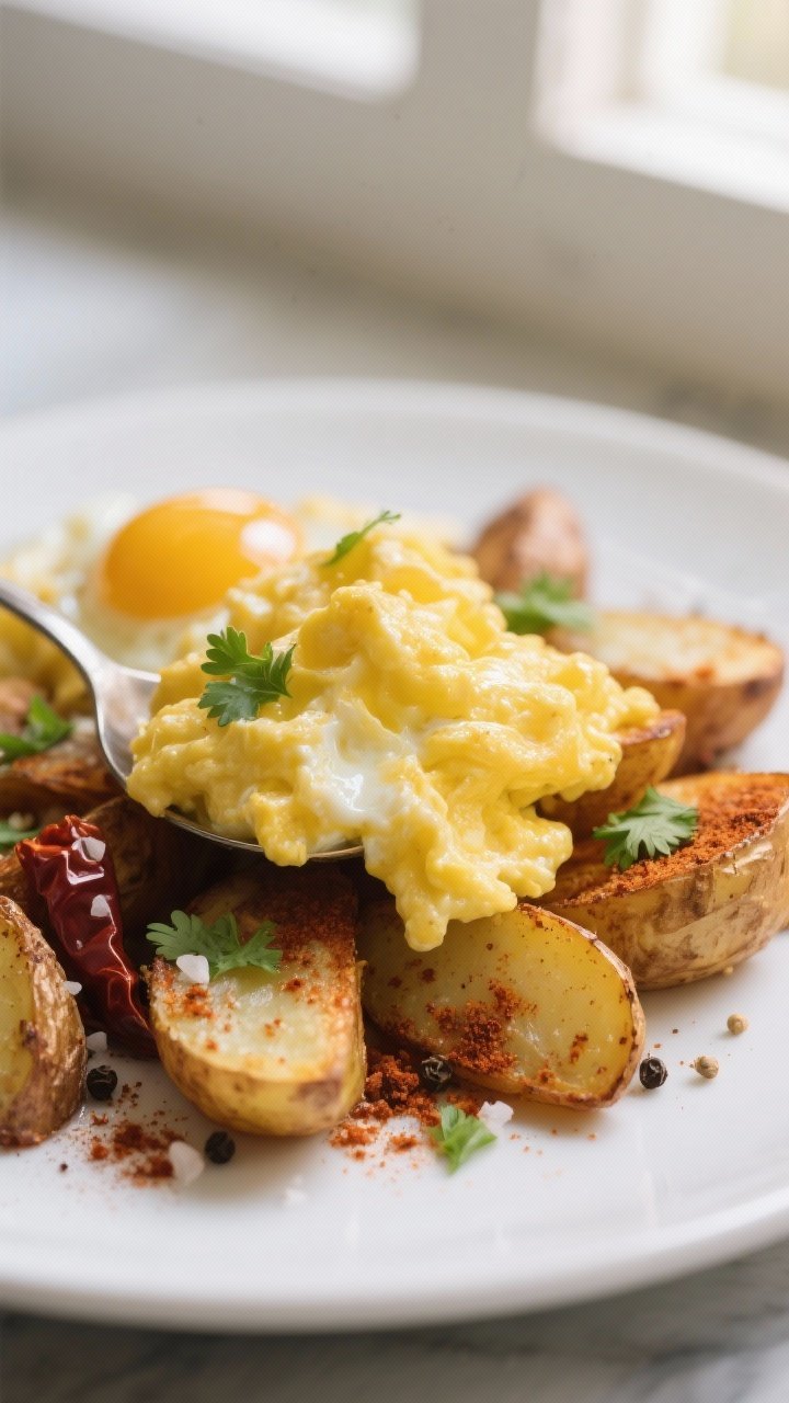 Close-up detail, eggs and potatoes texture: Ultra-close shot of soft, glossy scrambled eggs spooned 