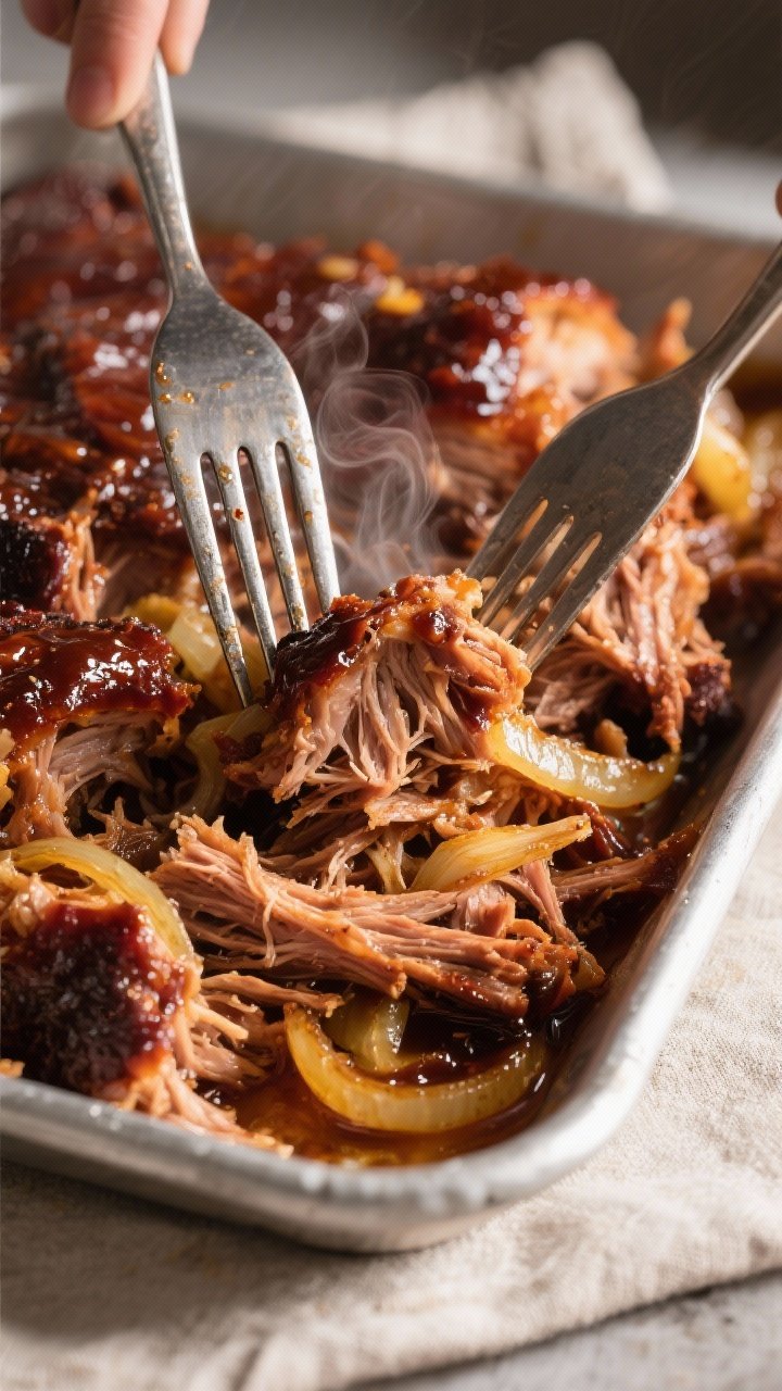 Close-up detail: Fall-apart tender pulled pork being shredded with two forks in a shallow tray, glis