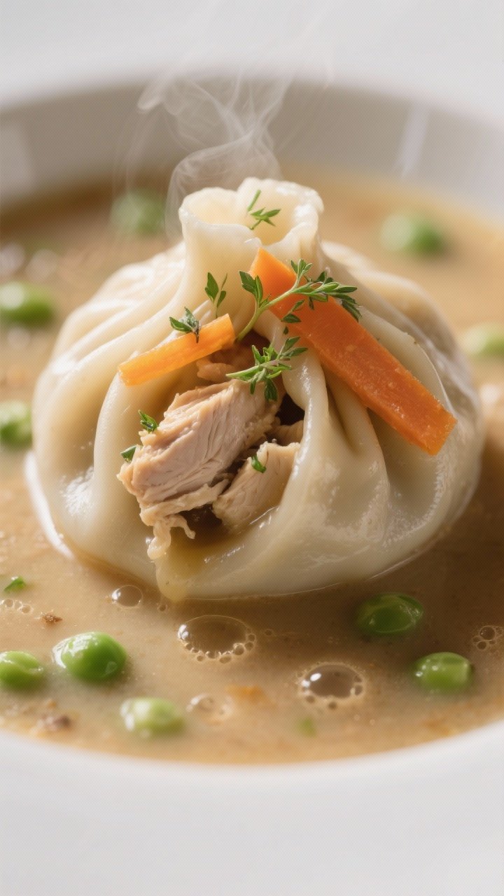 Close-up detail finale: Ultra-close shot of a single dumpling just nudged through the gravy, showing