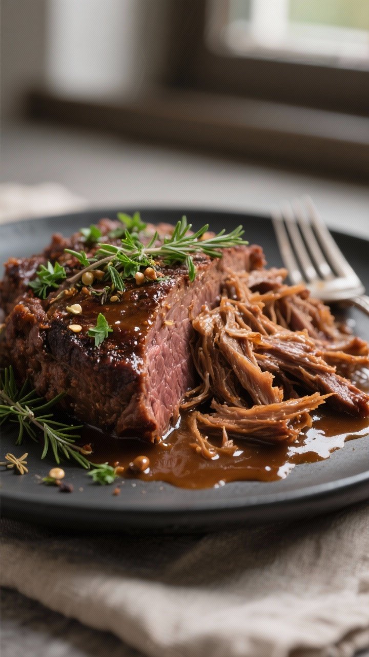Close-up detail: Fork-tender crockpot pot roast just after shredding, showing juicy, fall-apart beef
