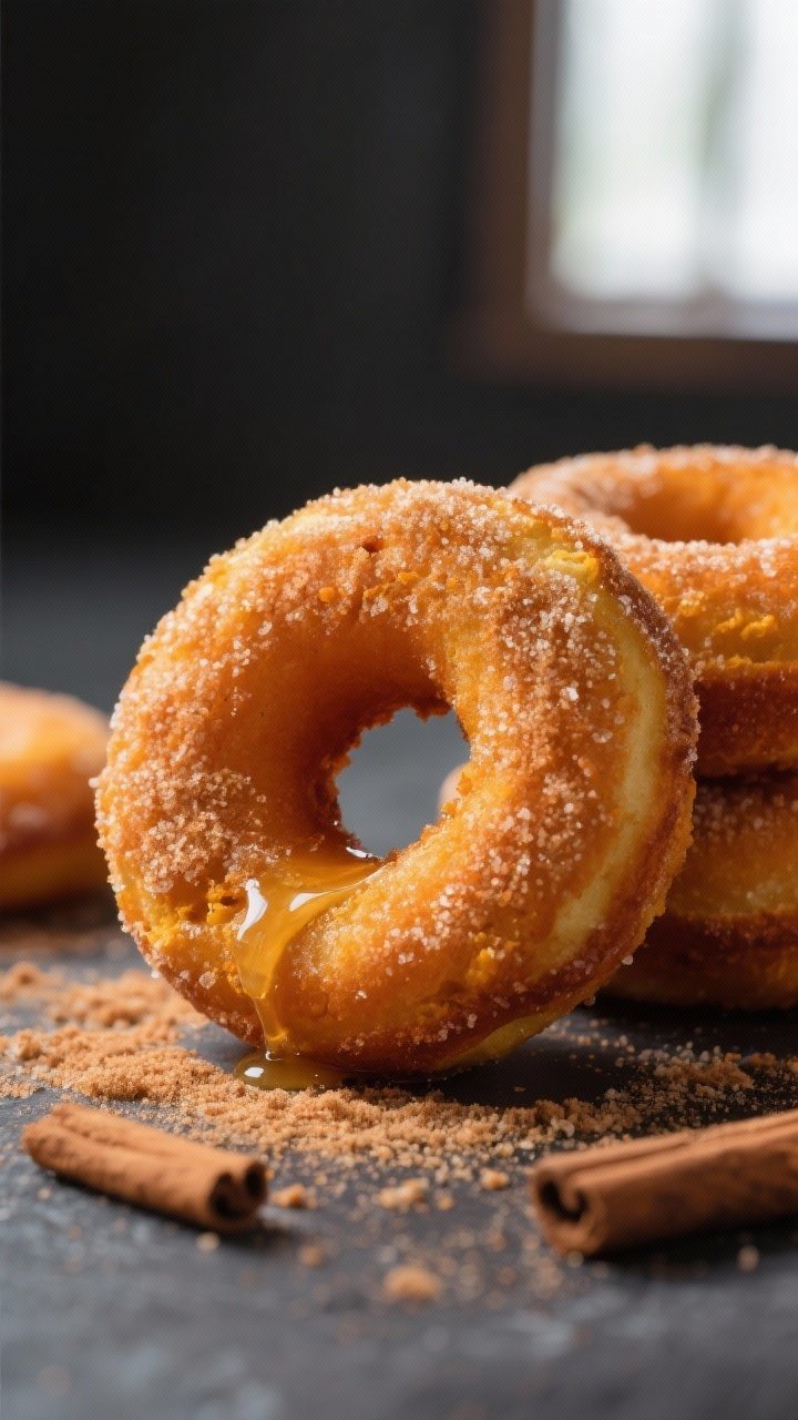 Close-up detail: Freshly air-fried pumpkin donuts just brushed with melted butter and tossed in cinn