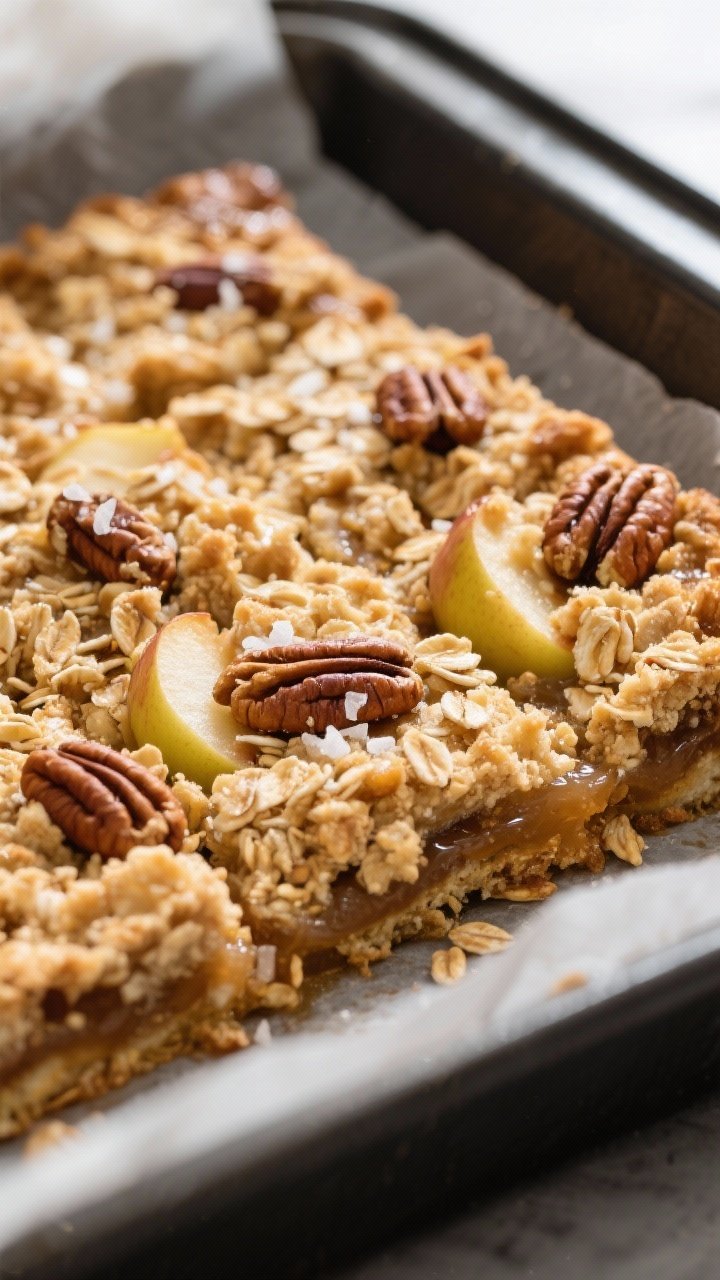 Close-up detail: Freshly baked Apple Crumble Breakfast Bars cooling in the pan, golden oat-almond cr