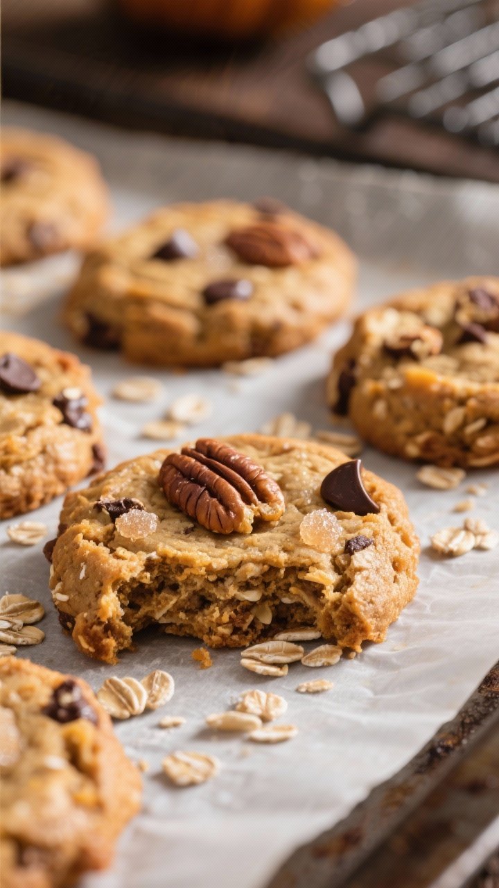 Close-up detail: Freshly baked pumpkin oatmeal cookies just out of the oven on a parchment-lined she