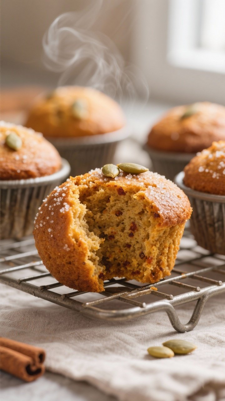 Close-up detail: Freshly baked pumpkin spice muffins just out of the tin, golden-brown domed tops wi