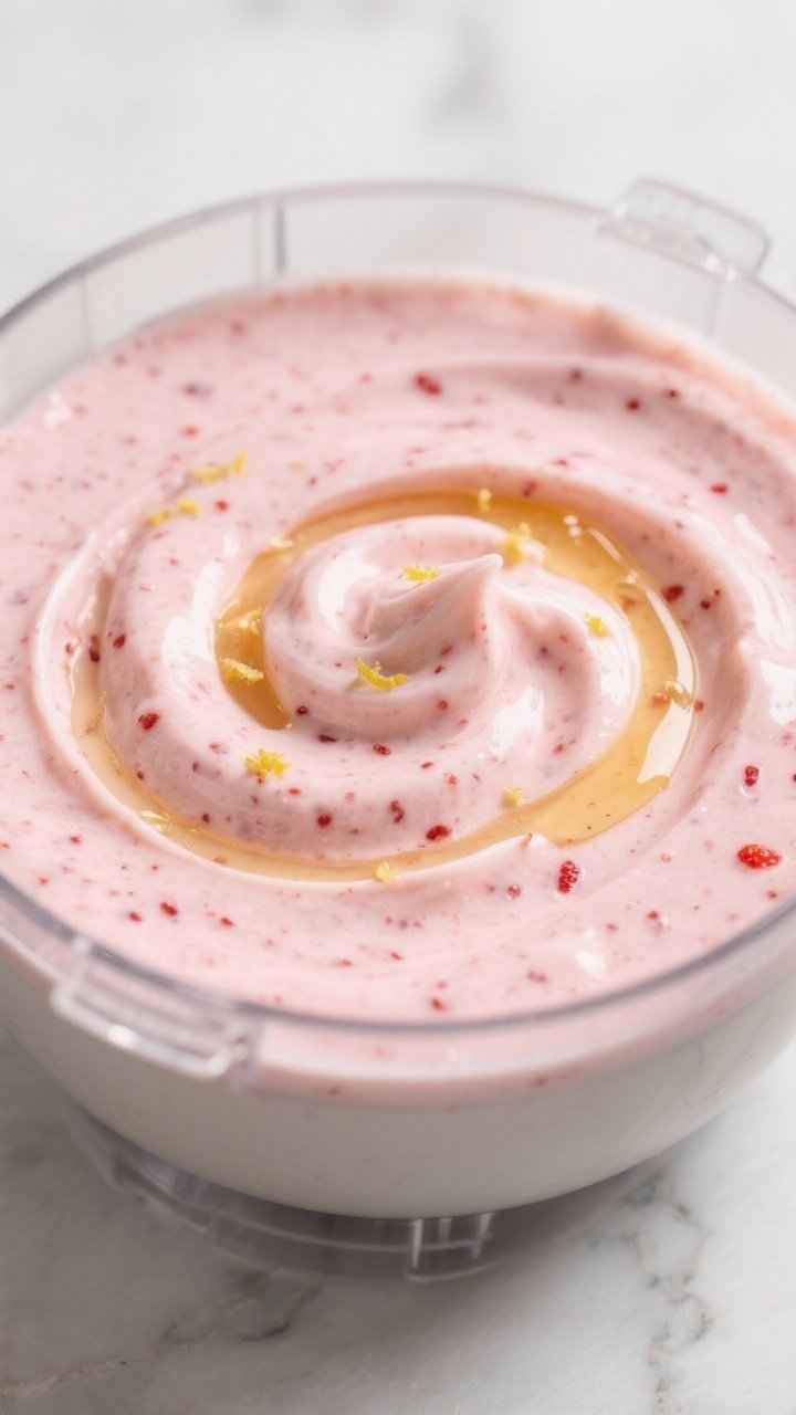 Close-up detail: Freshly blended strawberry frozen yogurt swirling in a food processor bowl, velvety