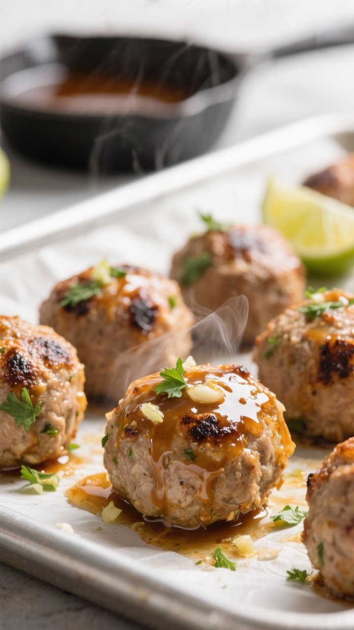 Close-up detail: Glossy garlic-lime turkey meatballs just out of the oven, edges lightly golden with