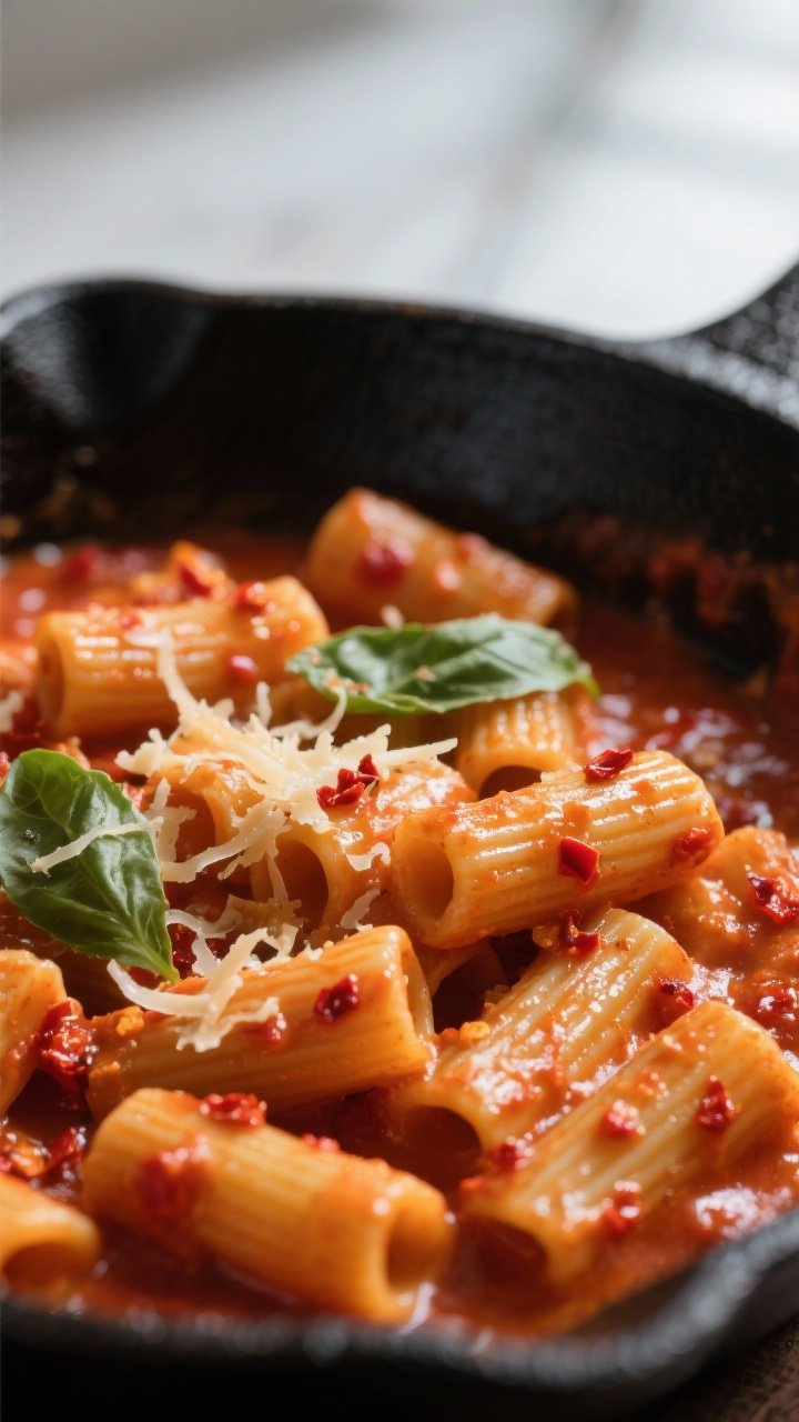 Close-up detail: Glossy rigatoni tossed in creamy roasted red pepper sauce mid-emulsification in a b