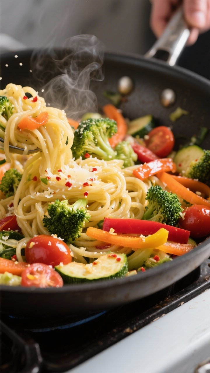 Close-up detail: Glossy spaghetti squash “noodles” being tossed with sautéed primavera vegetabl