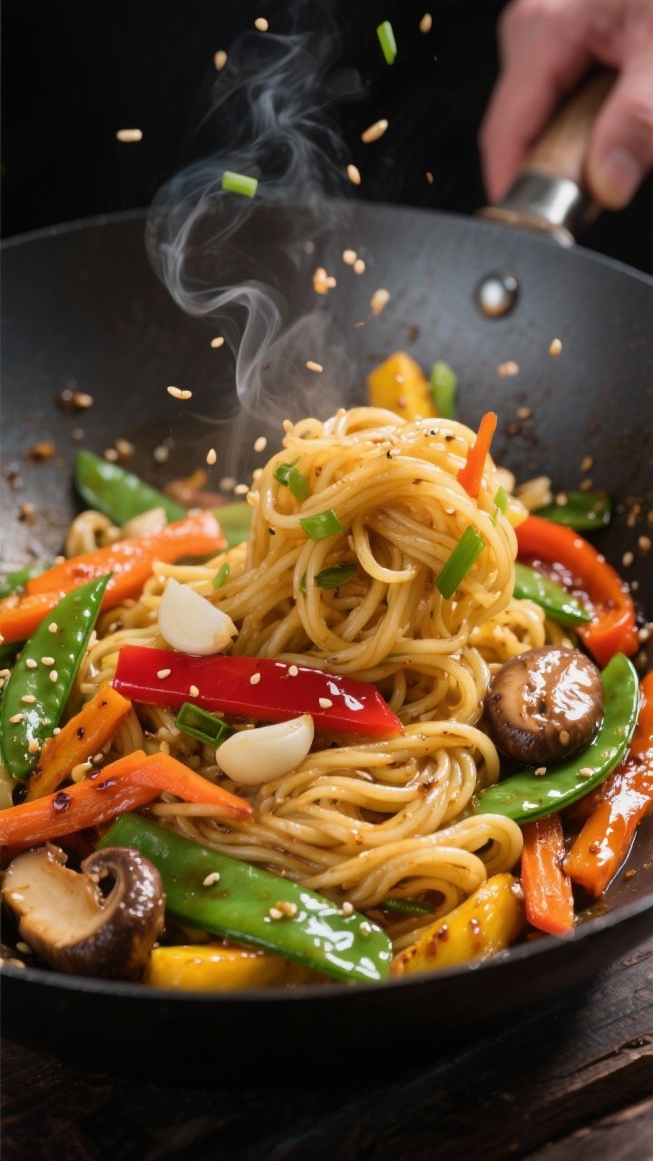 Close-up detail: Glossy spaghetti squash “noodles” being tossed in a wok with garlic-ginger-scal