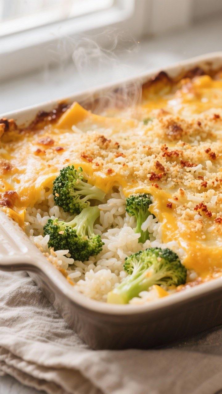 Close-up detail: Golden-broiled cheesy broccoli rice casserole just out of the oven, bubbling edges 