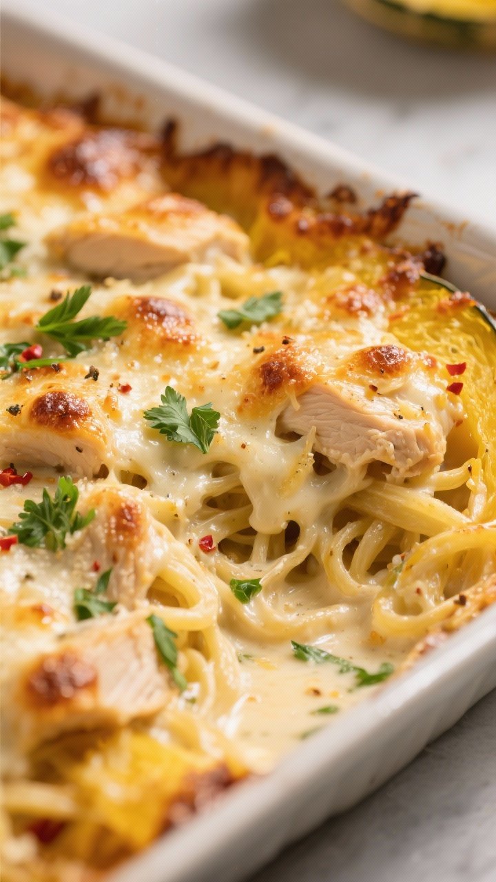 Close-up detail: Golden, bubbling Chicken Alfredo Spaghetti Squash Bake just out of the oven, tight 