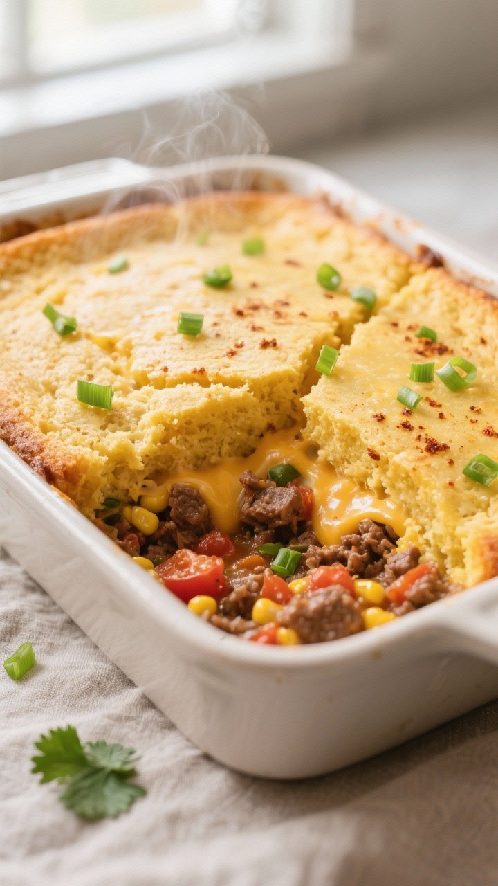 Close-up detail: Golden cornbread crust just out of the oven on a Ground Beef and Cornbread Casserol