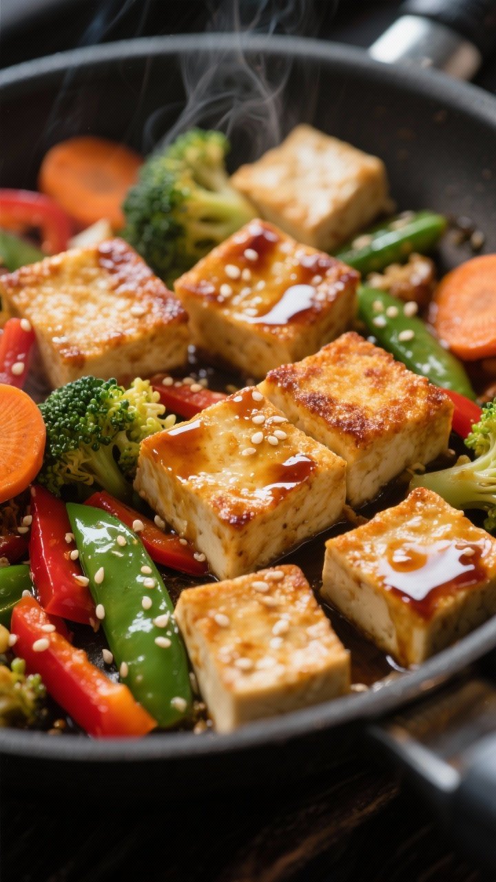 Close-up detail: Golden-crisp tofu cubes in a nonstick skillet just after flipping, lacquered with g