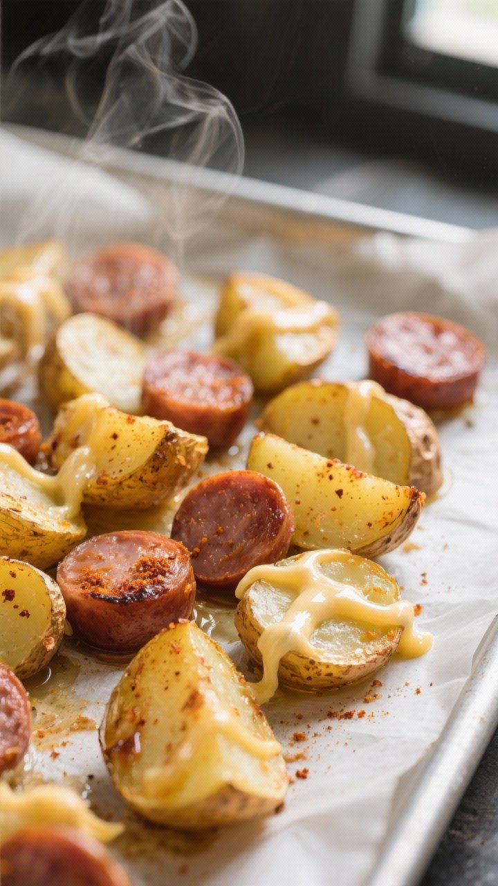 Close-up detail: Golden, crispy-edged quartered baby potatoes and caramelized smoked sausage coins p