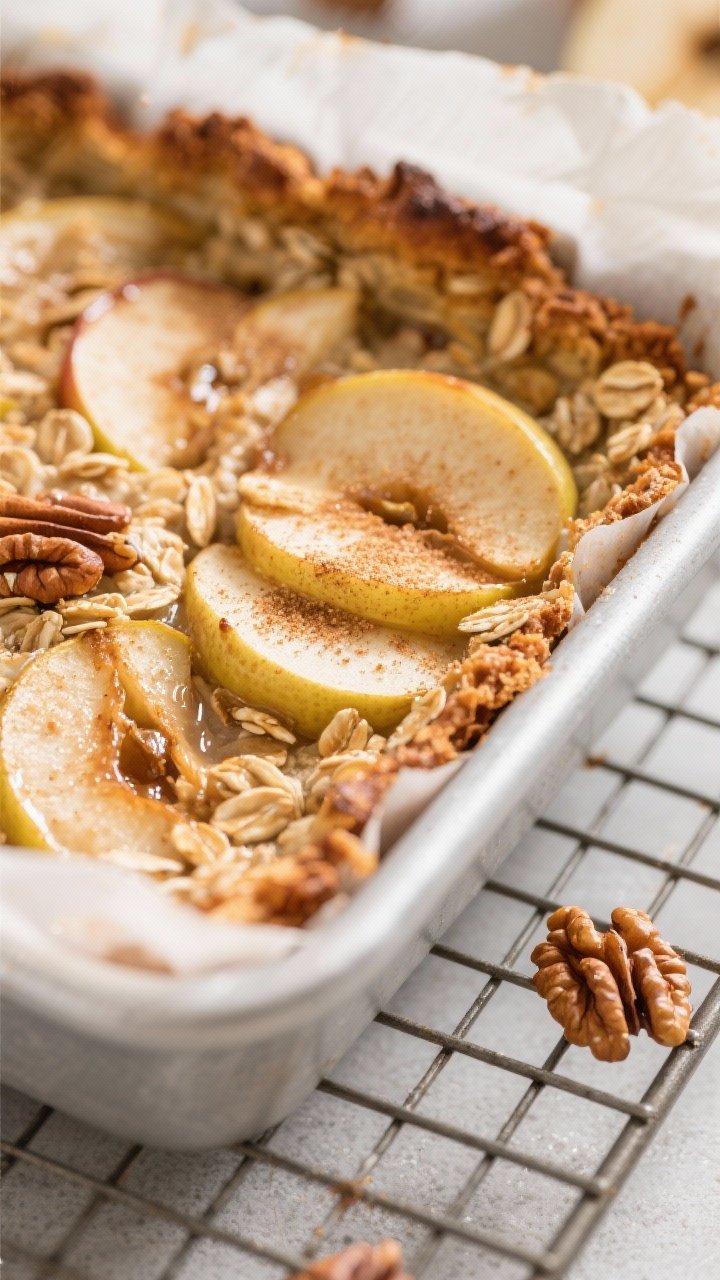 Close-up detail: Golden-edged apple cinnamon oatmeal bake just out of the oven, showing crisp, caram