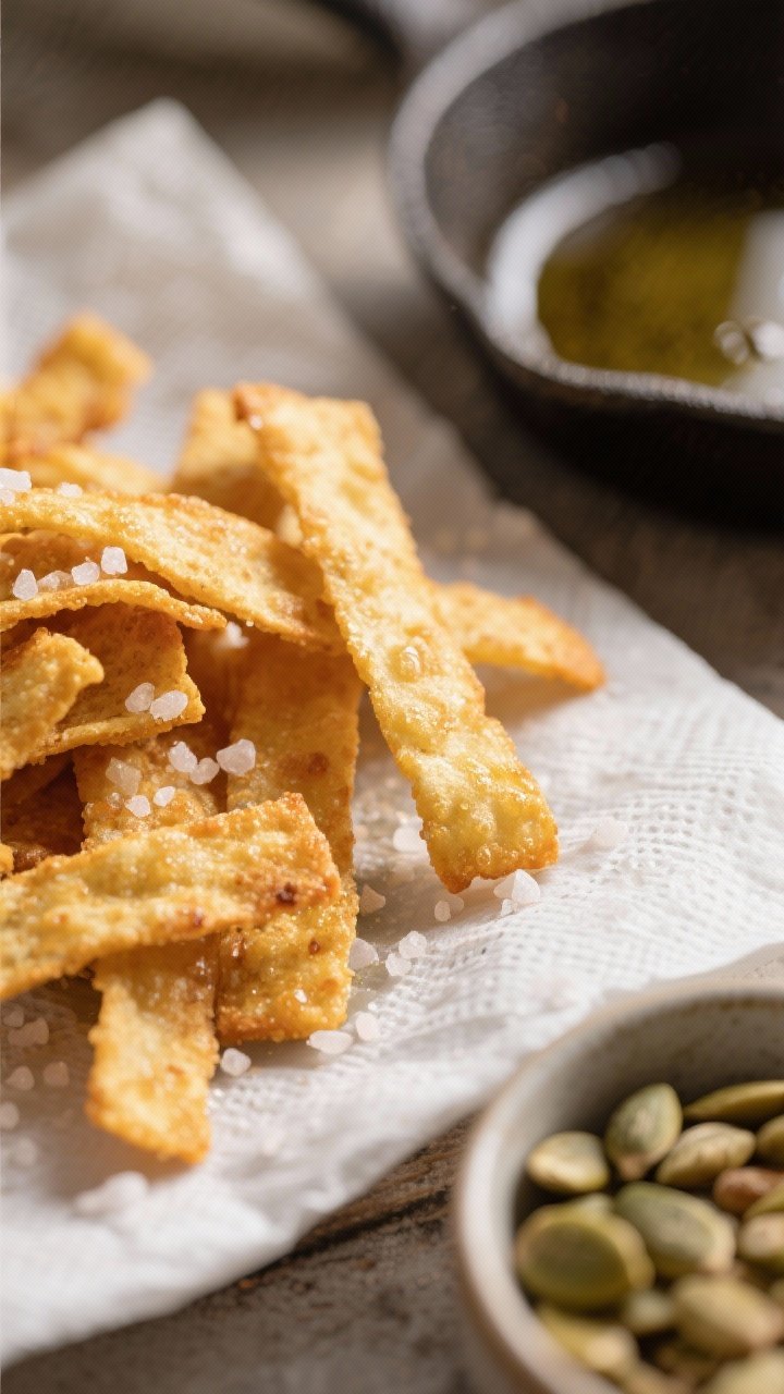 Close-up detail: Golden, freshly fried corn tortilla strips draining on paper towels, crystals of fl