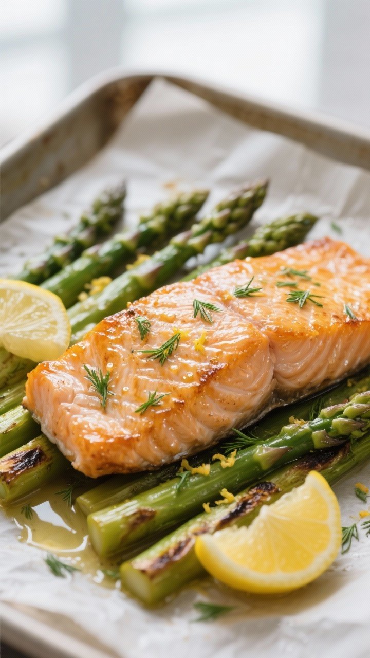Close-up detail: Golden-roasted salmon fillet nestled among crisp-tender asparagus on a parchment-li