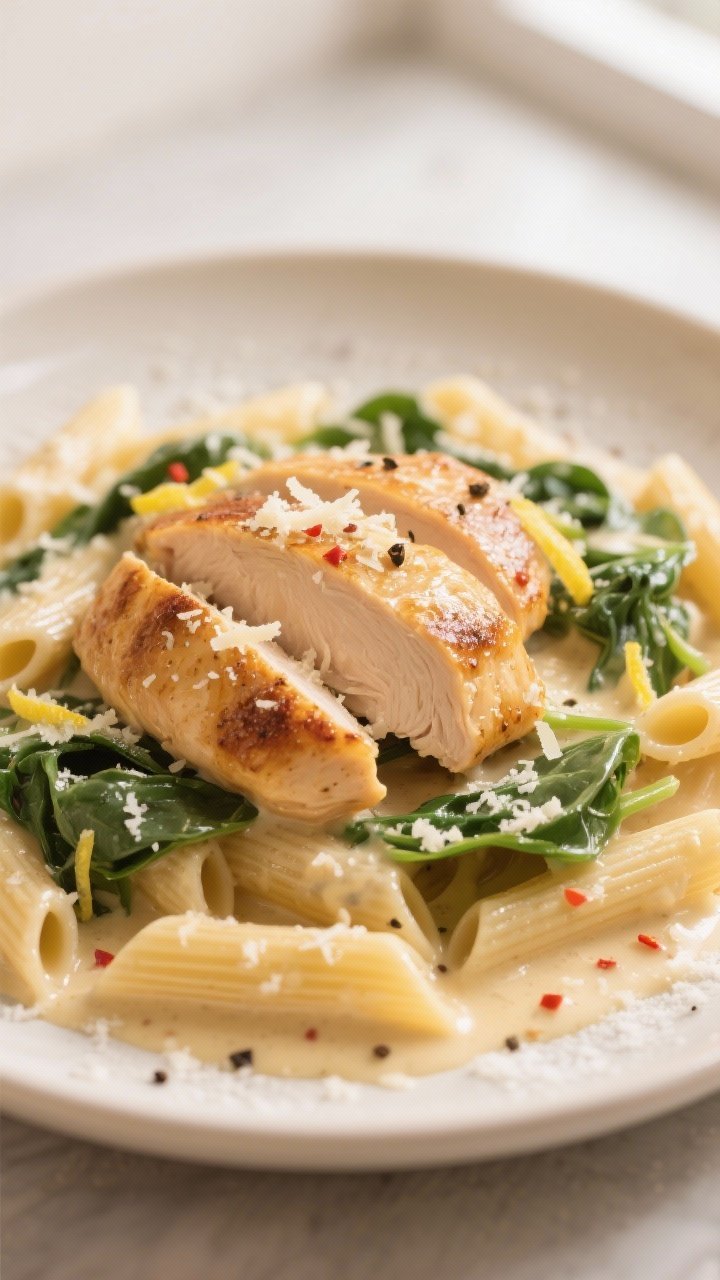 Close-up detail: Golden seared chicken slices nestled in a glossy Parmesan cream sauce with wilted b