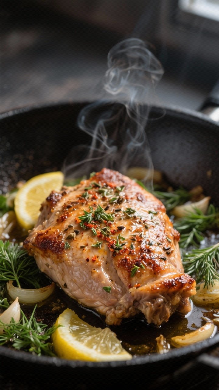 Close-up detail: Juicy browned Greek-seasoned turkey in a skillet just after finishing, glistening w