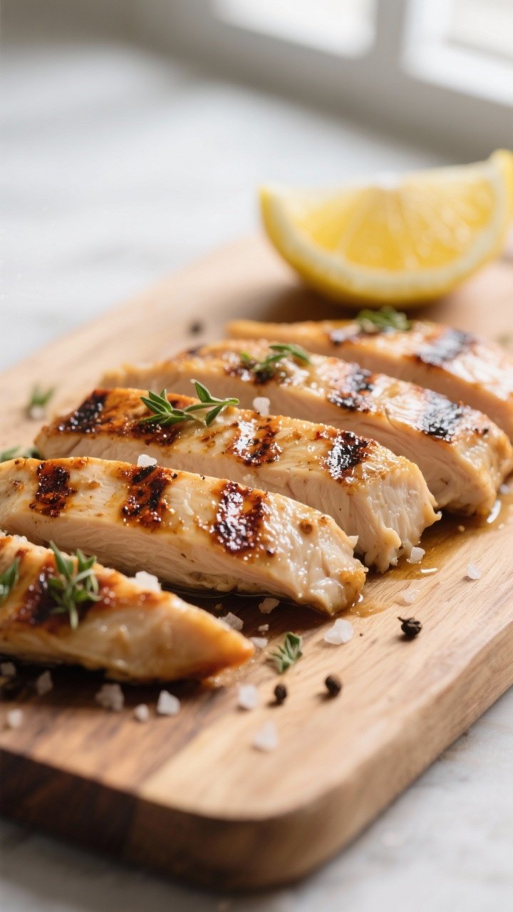 Close-up detail: Juicy grilled chicken breast slices resting on a wooden board, visible grill marks 