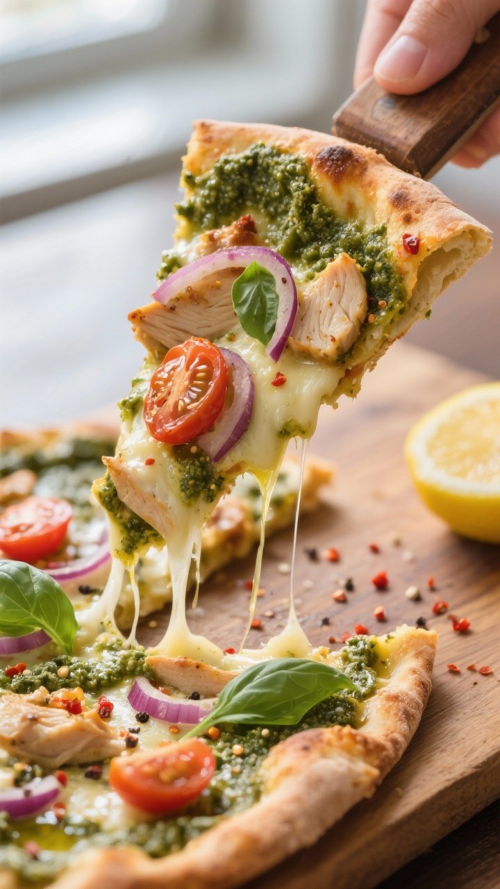 Close-up detail: Macro shot of a just-baked pesto chicken flatbread slice being lifted from the boar
