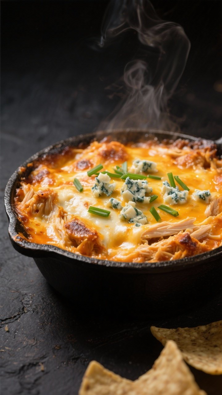 Close-up detail: Molten buffalo chicken dip just out of the oven in a small cast-iron skillet, edges