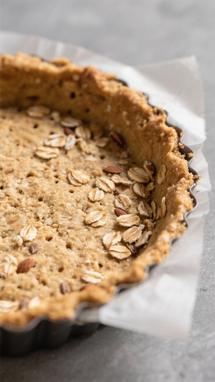 Close-up detail: Par-baked oat–almond–flax crust in a 9-inch tart pan, golden edges with visible