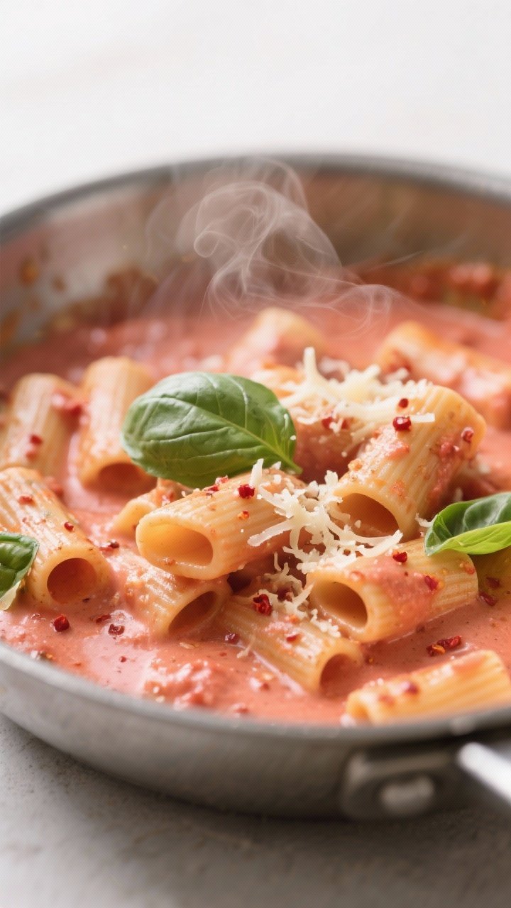 Close-up detail: Rigatoni tossed in creamy tomato-basil sauce mid-emulsion in a stainless skillet, g