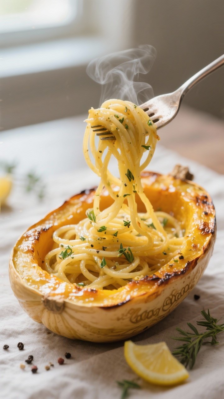 Close-up detail: Roasted spaghetti squash strands being pulled with a fork inside the caramelized sq