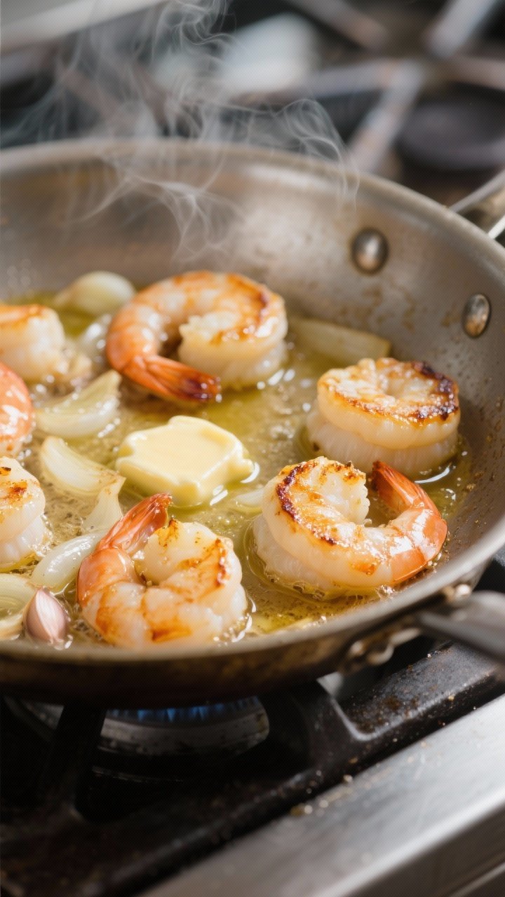 Close-up detail: Searing shrimp and scallops in a large stainless skillet, golden edges and light ca