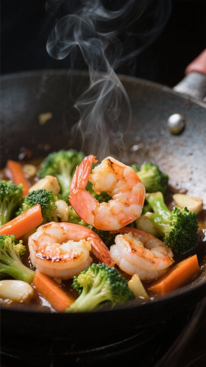 Close-up detail: Searing shrimp in a wok just after flip, cooked to a glossy pink with light char on