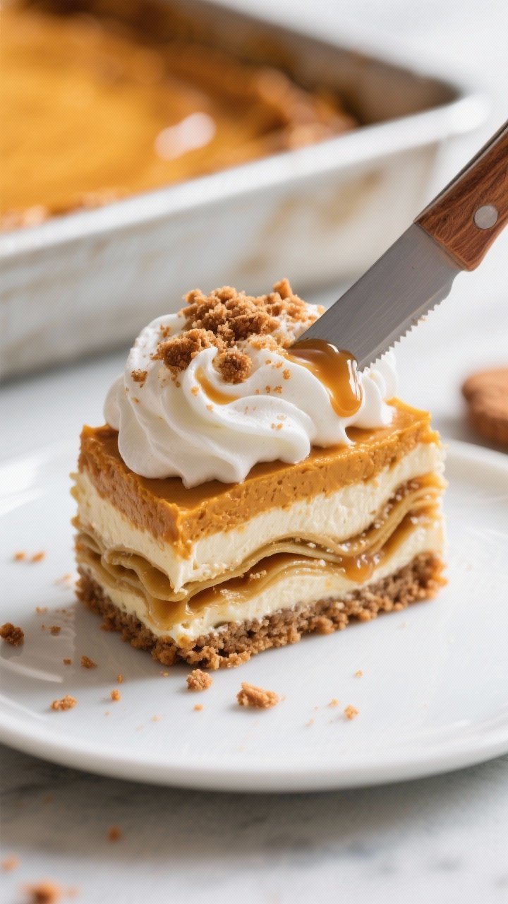 Close-up detail shot: A clean slice of Pumpkin Lasagna Dessert lifted from the pan, showing distinct