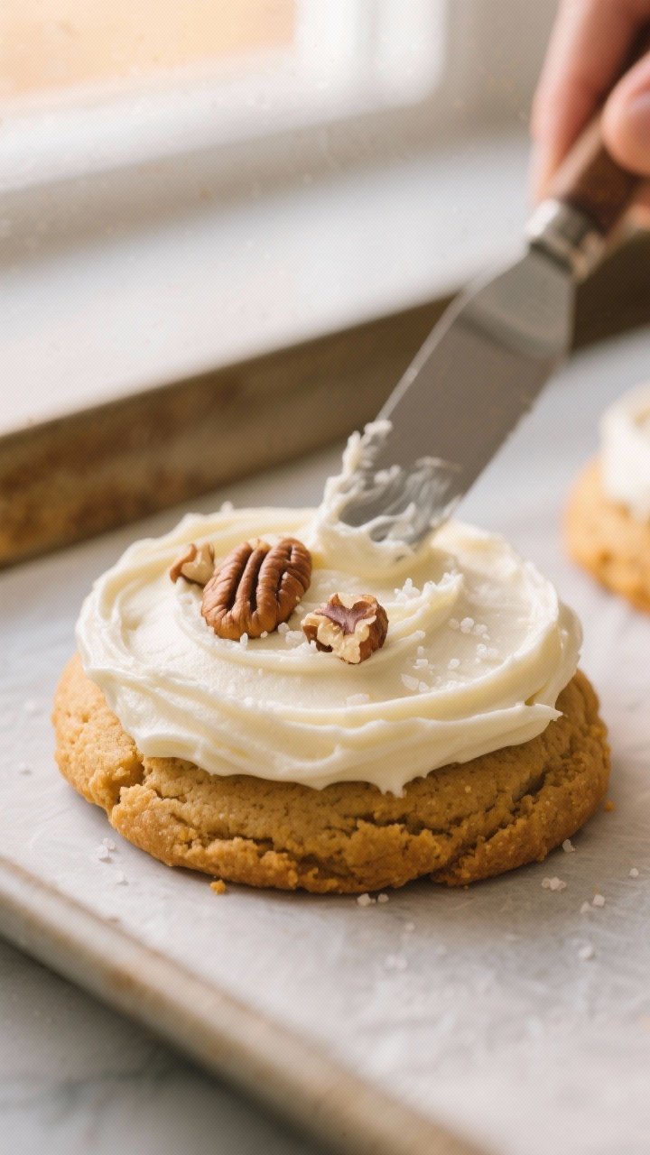 Close-up detail shot: A freshly baked pumpkin cookie being frosted, captured mid-swipe with a small 