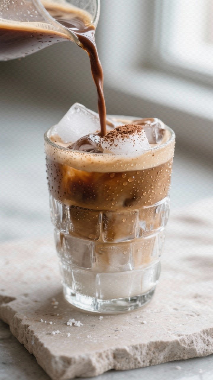 Close-up detail shot: A frosty glass filled with mocha protein iced coffee being poured over a tall 