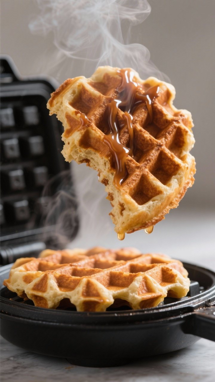 Close-up detail shot: A golden-brown protein waffle just lifted from a hot waffle iron, steam softly