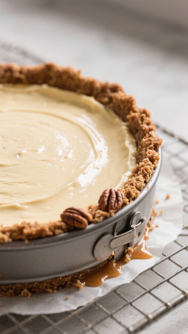 Close-up detail shot: A just-baked turtle cheesecake emerging from the springform ring, edges set wi