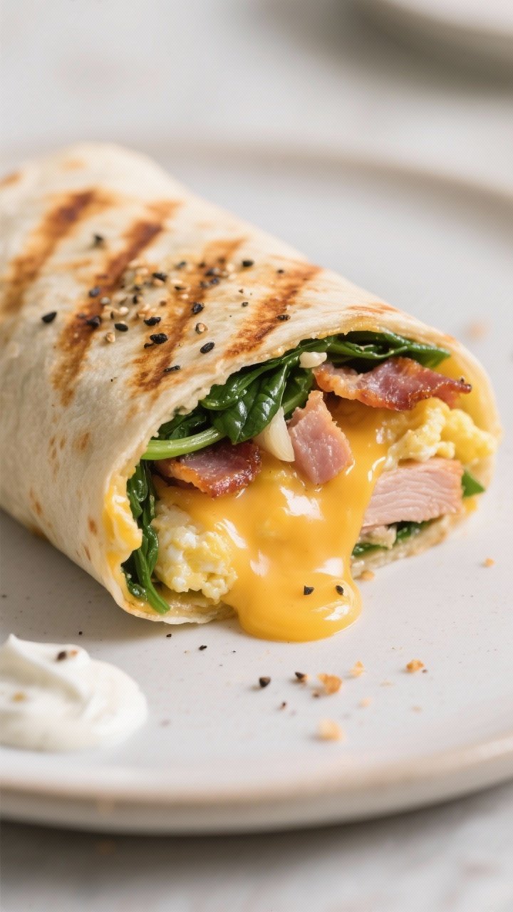 Close-up detail shot: A just-griddled Turkey Bacon & Spinach Breakfast Wrap sliced on the bias, seam