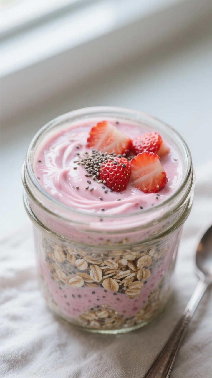Close-up detail shot: A mason jar of prepared strawberry overnight chia oats just after stirring in 