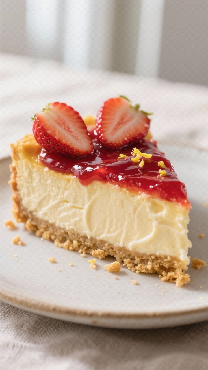Close-up detail shot: A silky slice of baked strawberry cheesecake just cut, showing the clean, cust