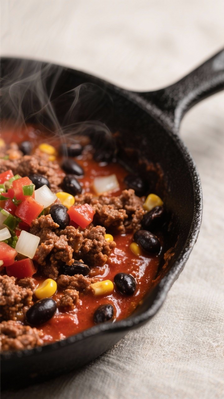 Close-up detail shot: A sizzling skillet of browned ground beef simmering with red enchilada sauce a