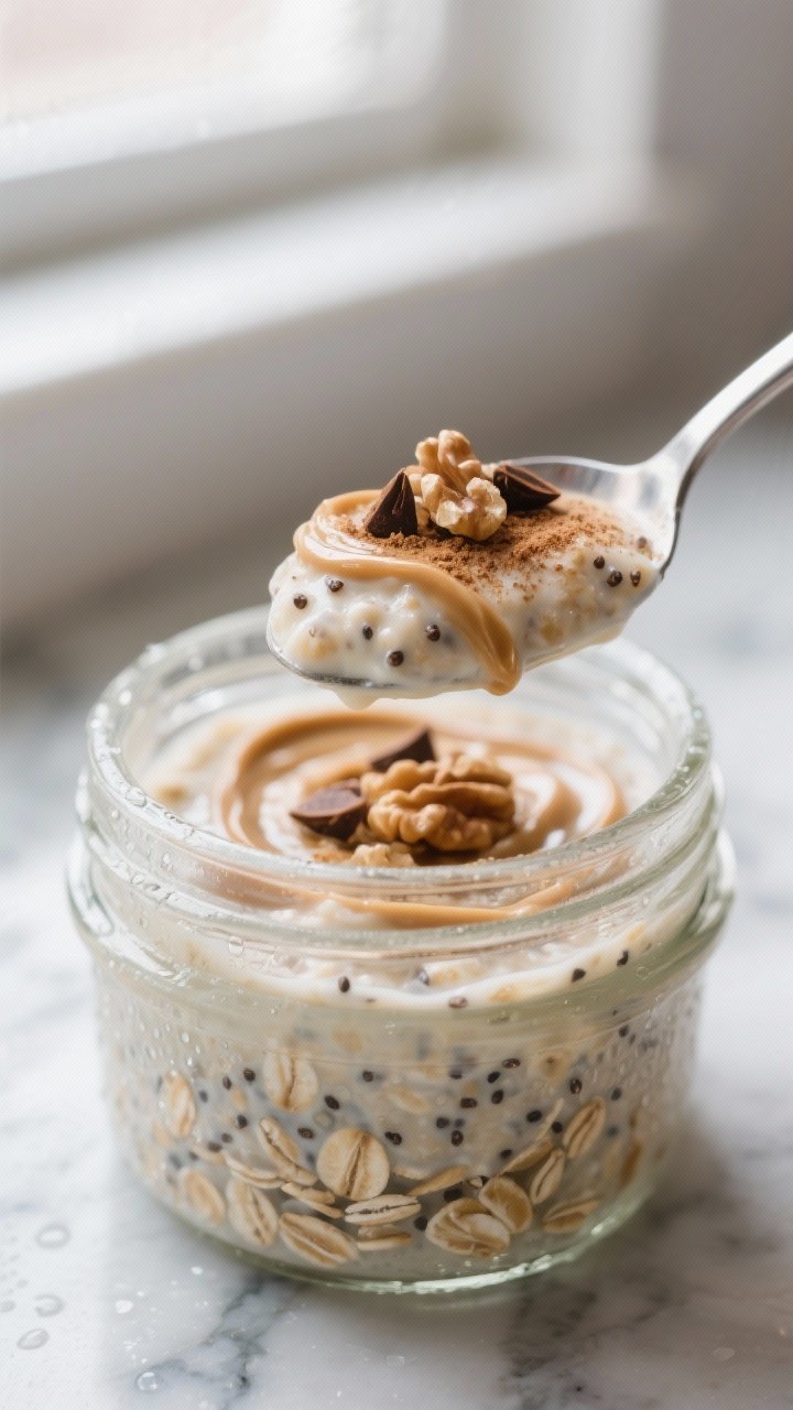 Close-up detail shot: a spoon scooping creamy vanilla protein overnight oats from a chilled glass ja