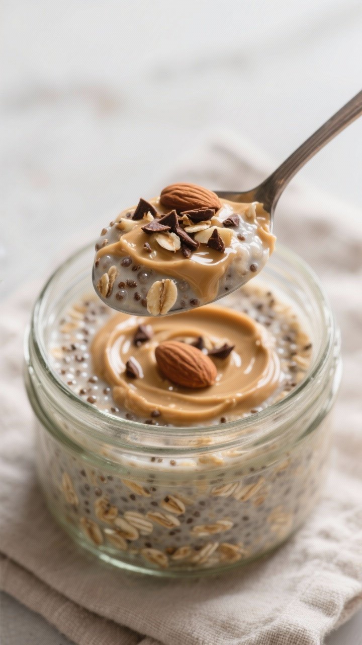 Close-up detail shot: A spoonful of almond butter protein overnight oats lifted from a glass jar, sh