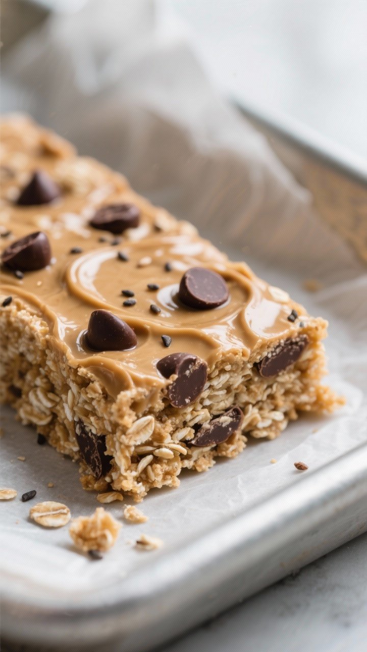 Close-up detail shot: A tight macro of a sliced Peanut Butter Oat Protein Bar just after chilling, s