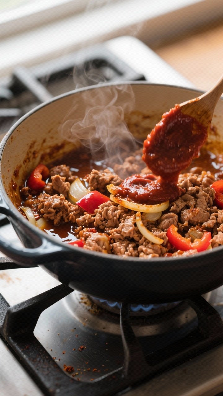 Close-up detail shot: Deeply browned ground turkey and aromatics in a heavy Dutch oven, spices bloom