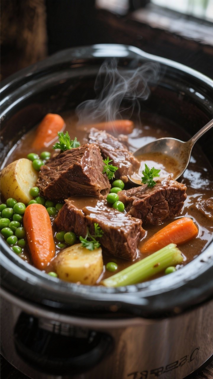 Close-up detail shot: Fall-apart chunks of browned chuck roast nestled in glossy, thickened beef gra